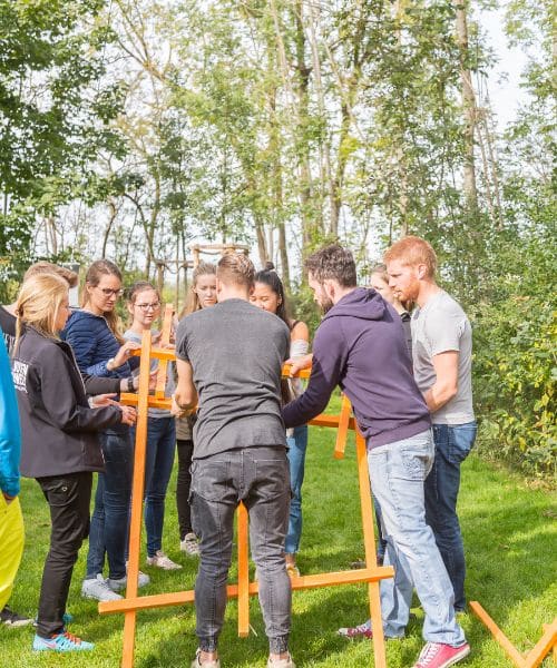 Menschen bauen gemeinsam eine Leonardobrücke