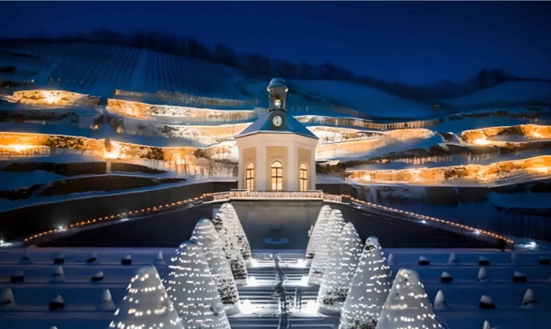 Beleuchtetes Weingut in verschneiten Dresdner Weinbergen zur Weihnachtszeit. Die barocke Gartenanlage ist mit hunderten Lichterketten geschmückt und strahlt eine festliche Winterstimmung aus – ideal für exklusive Weihnachtsfeiern, Firmen-Events oder romantische Winterabende in Sachsen.