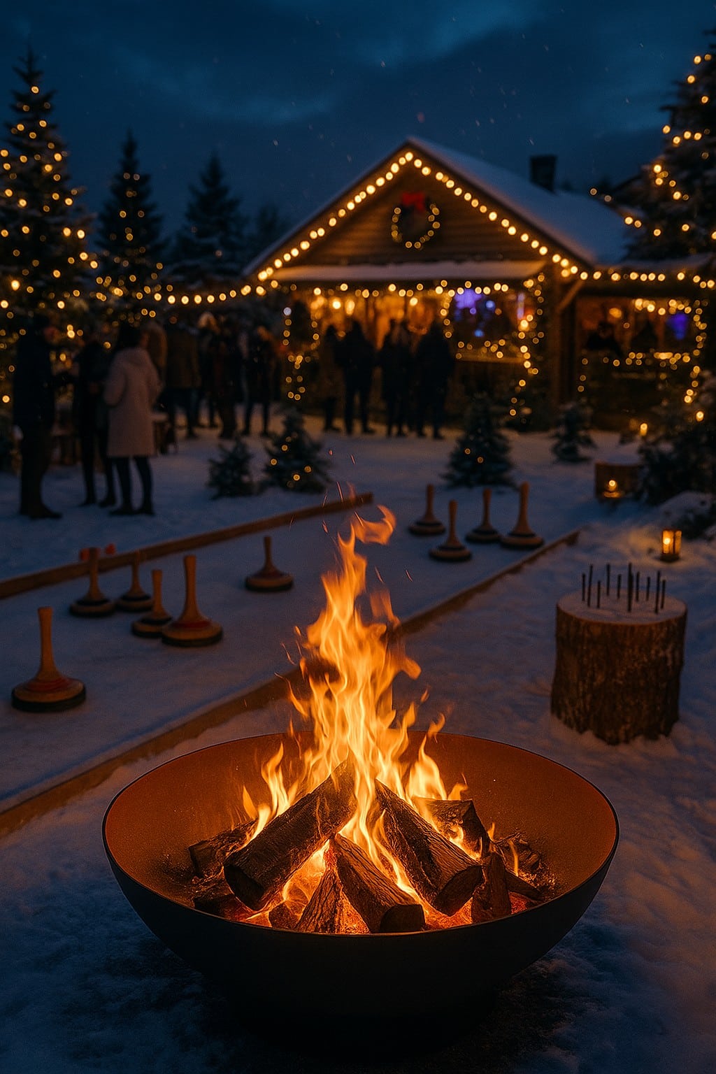 Winterliches Teamevent mit festlich beleuchteter Hütte, Glühweinempfang, Eisstockschießen und stimmungsvoller X-Mas-Party – perfekte Kombination aus Weihnachtsfeier, Teambuilding und Genuss in der Eifel.
