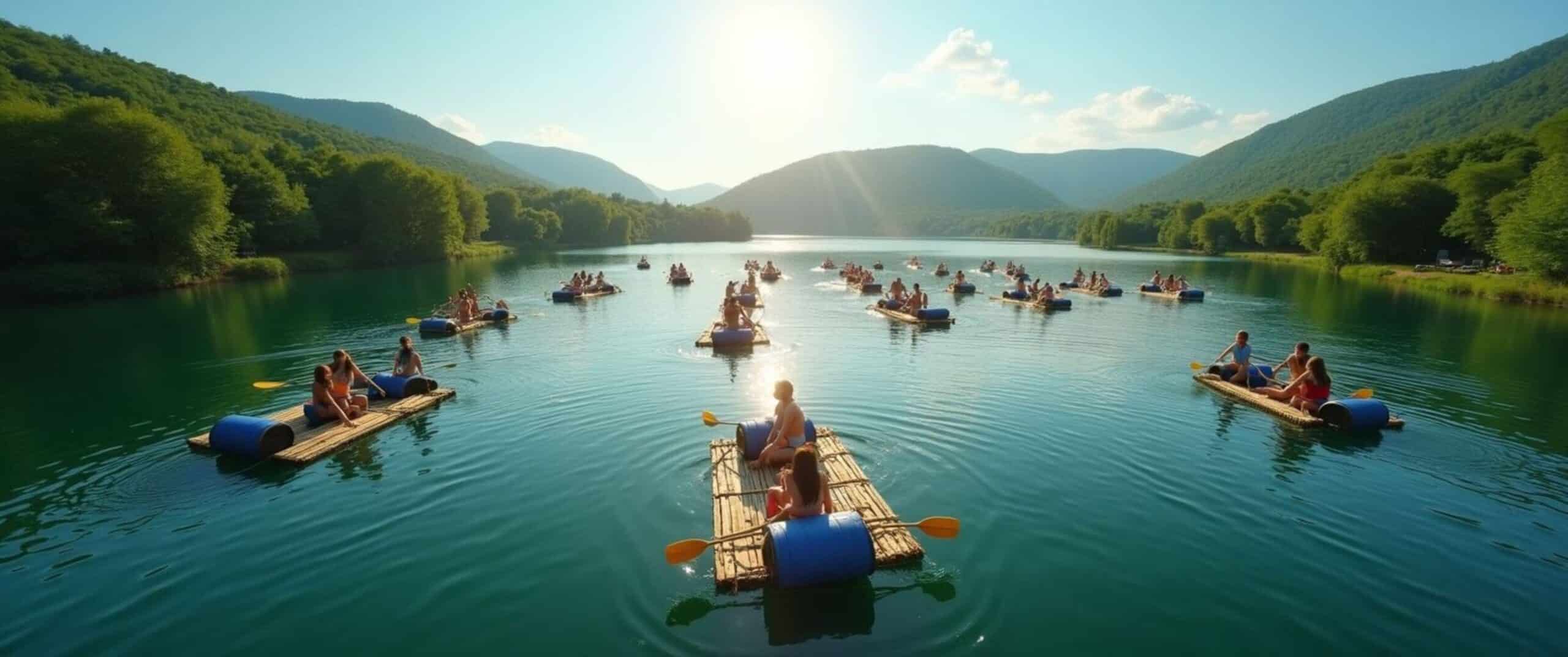 Teilnehmer beim Teambuilding mit Beachfeeling paddeln in Teams auf selbstgebauten Flößen mit blauen Fässern über einen idyllischen See, umgeben von Bergen und Sommerstimmung.
