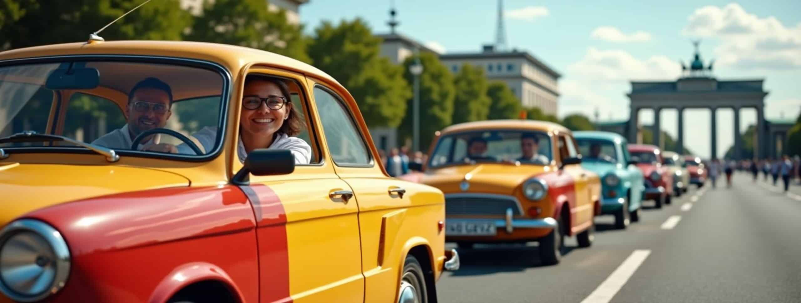 Teambuilding in der Hauptstadt Berlin – Kolleginnen und Kollegen fahren im kultigen Trabi-Konvoi vor dem Brandenburger Tor und erleben Teamspirit & Sightseeing.